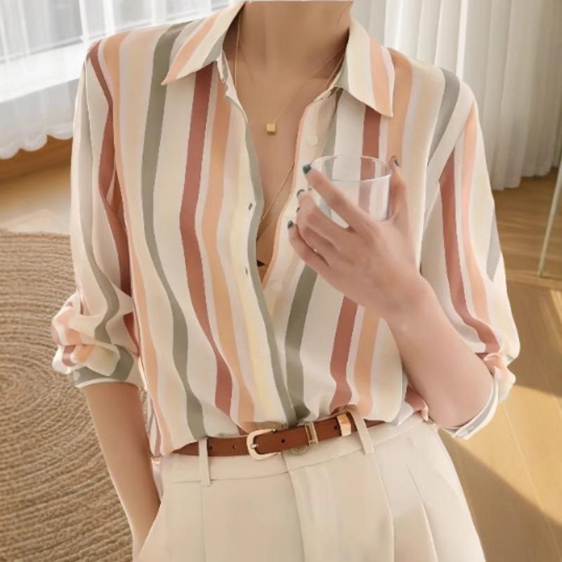New Rainbow Pattern Chiffon Shirt Fashion Casual Striped Long Sleeve Shirt