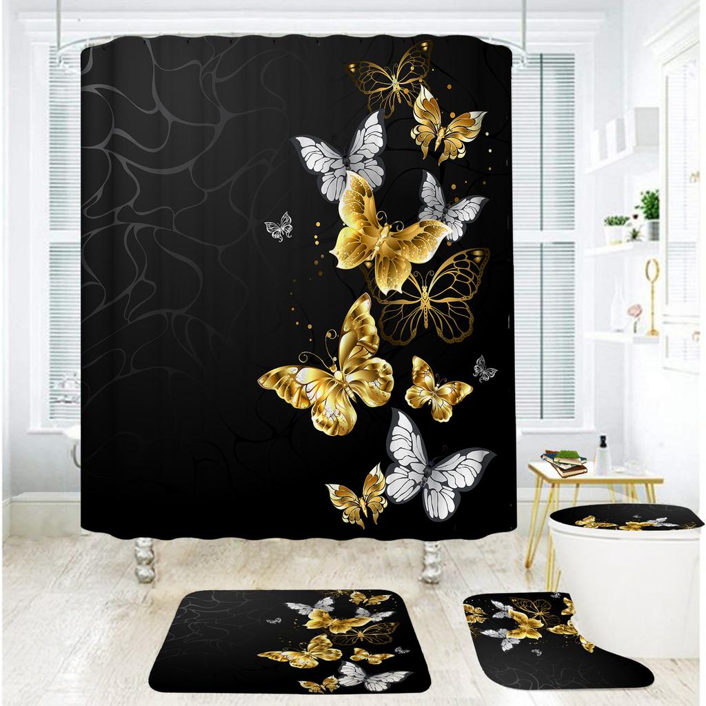 Bathroom Shower Curtain Four-piece Digital Printing Butterfly Plant Waterproof Shower Curtain Shower Curtain Partition Free of Punching