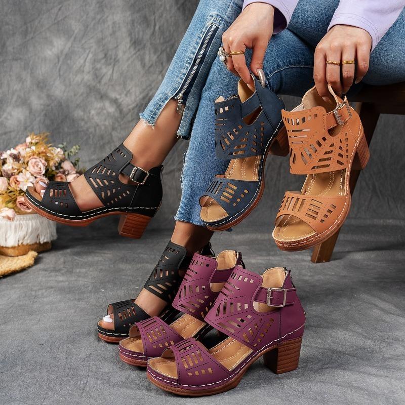 Women's Western Style Cutout Sandals, Chunky Heel Dressy Evening Shoes, Breathable Open-Toe Heels Wide Width Available