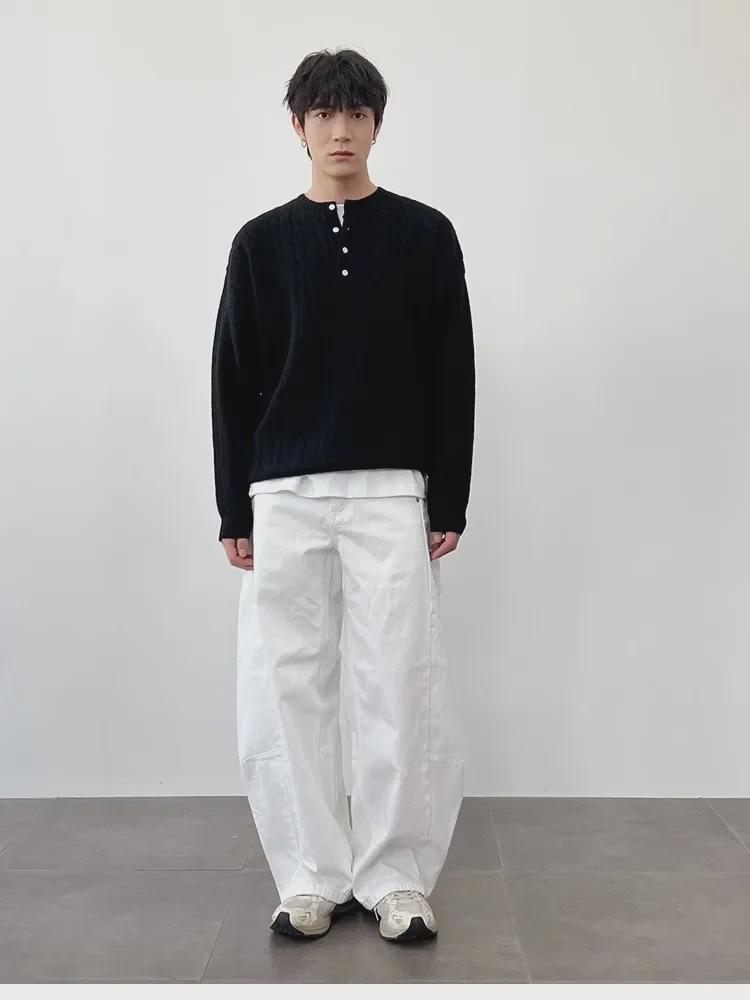 Men's Korean Style High-End Henley Collar Sweater - Heavy Woven, Twisted Knit, Loose Fit for Spring & Autumn