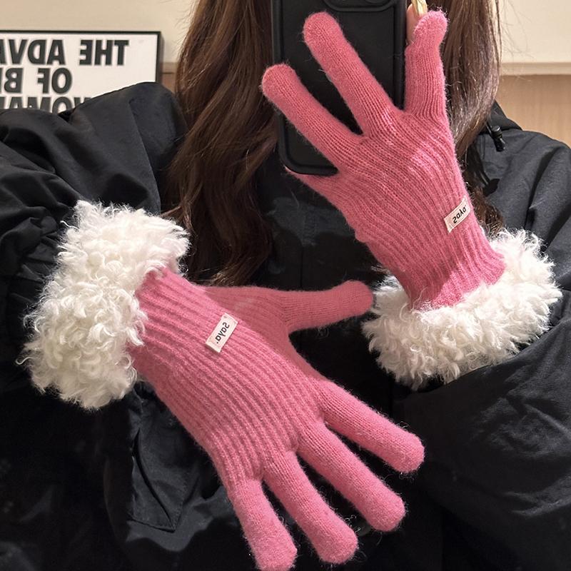 Gants tricotés à écran tactile tendance pour femmes, gants d'hiver chauds à bords en peluche, mitaines de cyclisme de sport coupe-vent, gants en peluche épais et doux au poignet