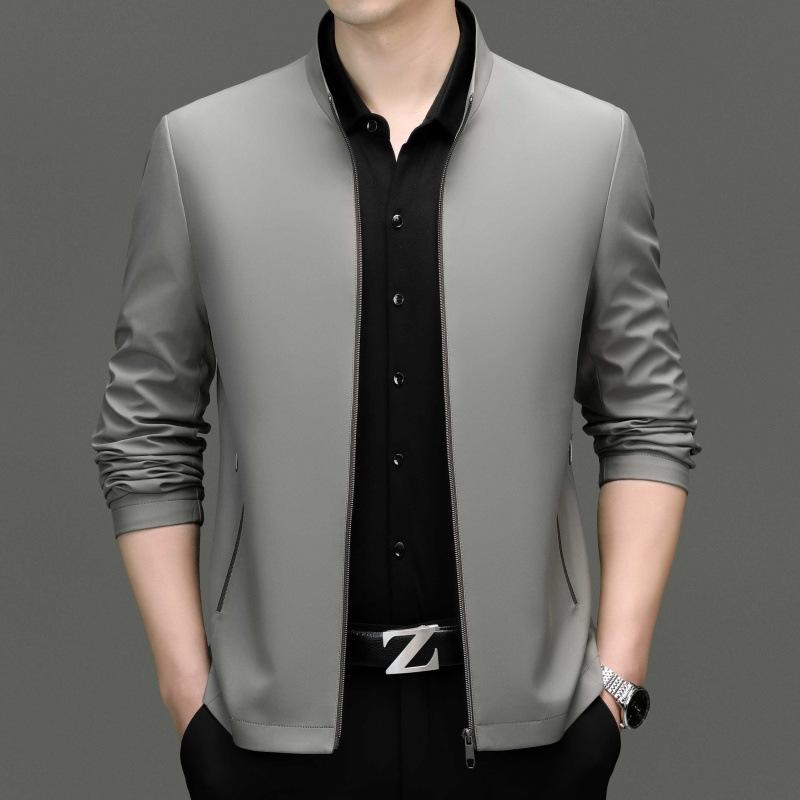 New Mulberry Silk Men's Jacket Spring and Autumn Business Casual Young and Middle-aged Stand Collar Thin Jacket Leader Dad Wear