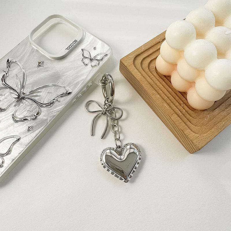 Ins Style Silver Heart Key Chain Alloy Bowknot Phone Pendant Headphone Case Charm Car Key Ring Bag Decor