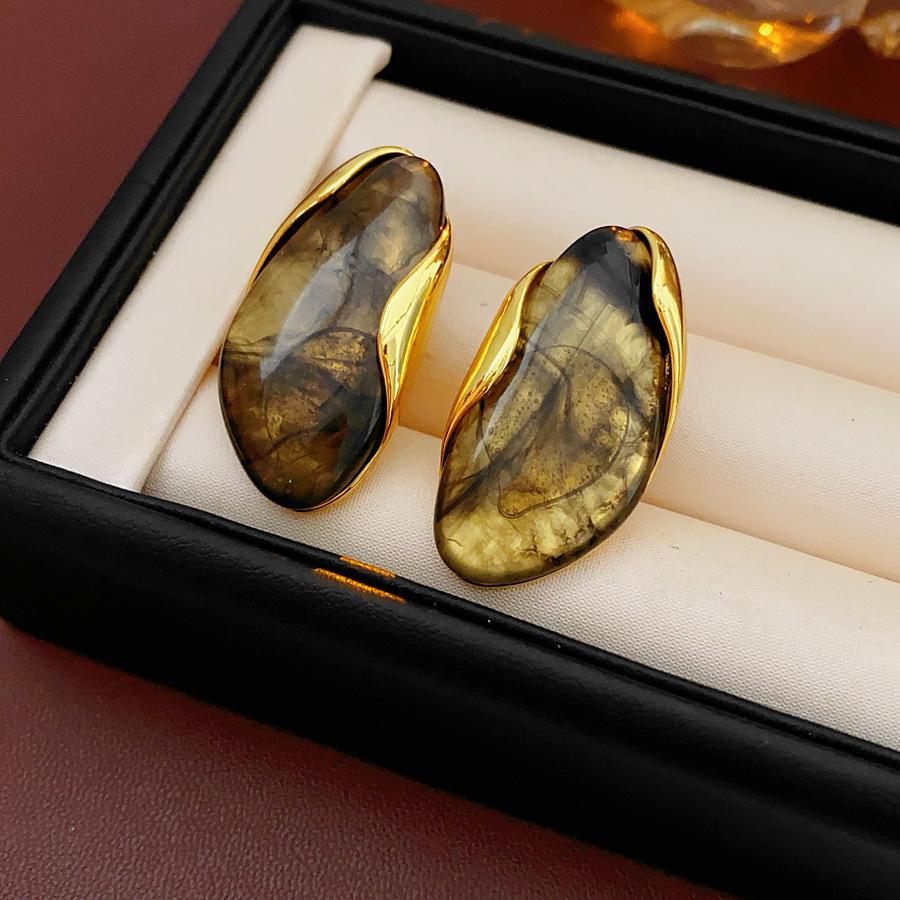 New Design Brown Green Resin Earrings for Women Vintage Geometric Metal Water Droplet Earrings Exaggerated Jewelry Accessories
