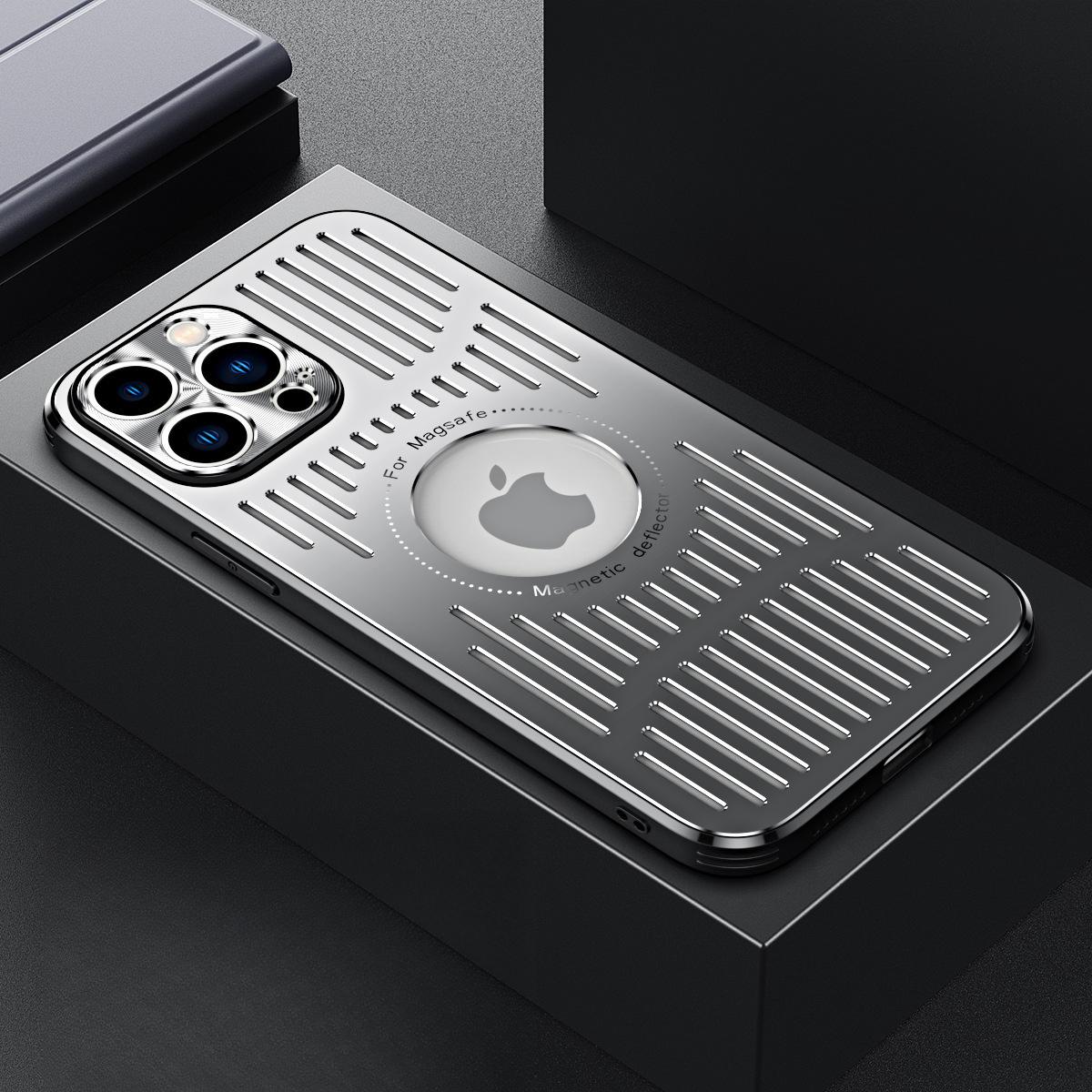 

Подходит для iPhone16 Магнитный след Противоударный чехол для мобильного телефона Металлический теплоотвод Apple 15 ProMax Дышащий Защитный чехол от падений iPhone12promax серебряный