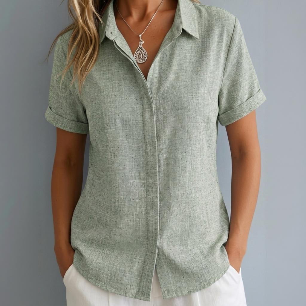 Women Short Sleeve Button Down Shirt Collared Casual Loose Fit Imitation Linen Blouse Lightweight Summer Top for Daily Wear