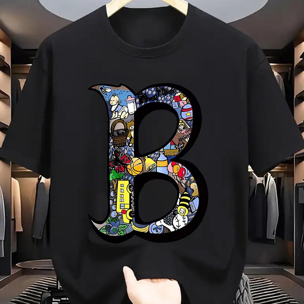 Letní pánské 100% bavlněné sportovně-ležérní módní volné nadměrné velikosti kreativní s potiskem písmena B kulatý výstřih krátký rukáv tričko top