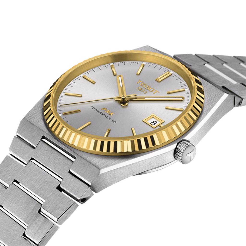 Tissot PRX 40mm Powermatic 80 18K Solid Yellow Gold Bezel Silver Dial Stainless Steel Bracelet Men's Watch (T931.407.41.031.01)