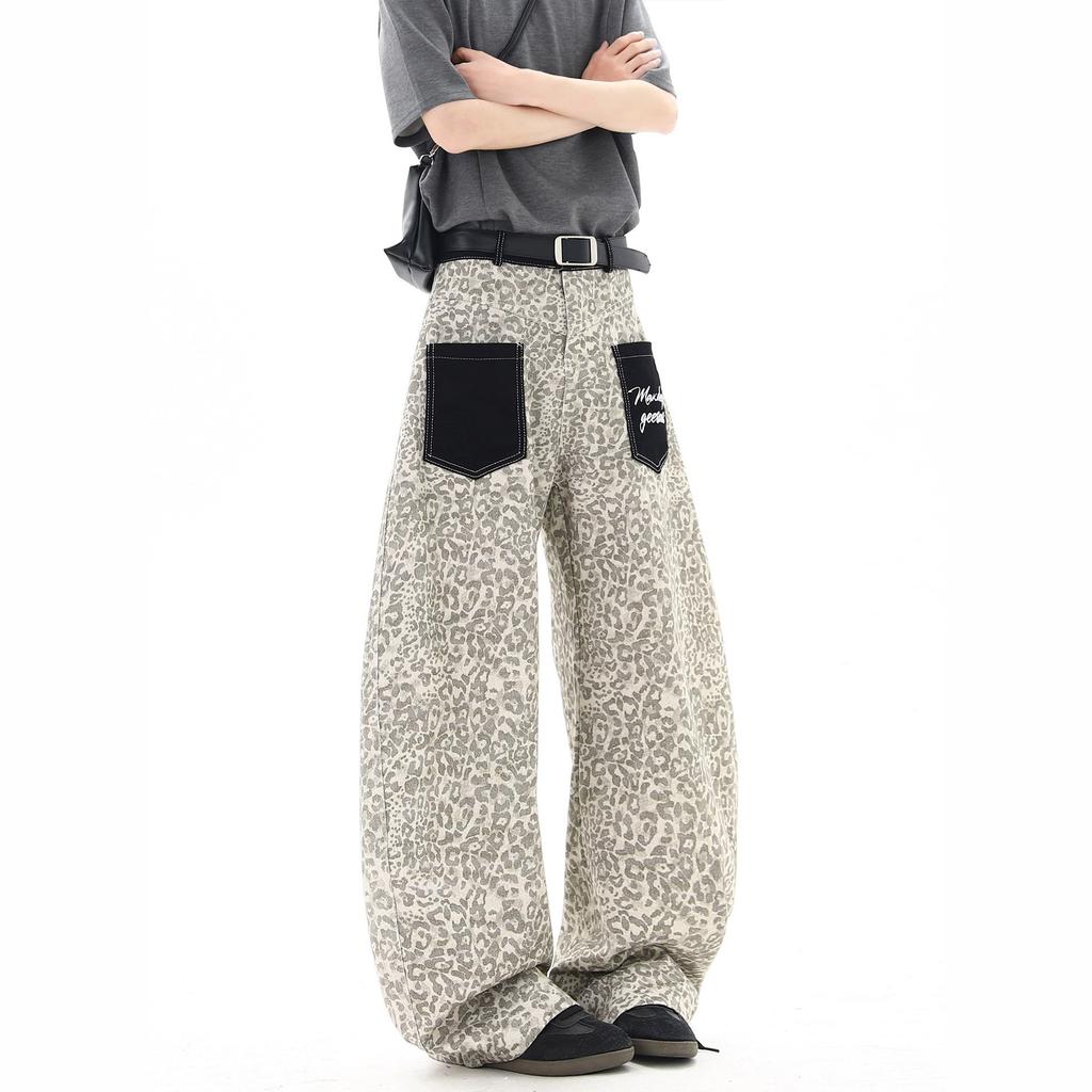 American Leopard Print Patch Pocket Jeans Men's and Women's Summer High Street Design Scimitar Pants Loose Large Size Wide Leg Pants