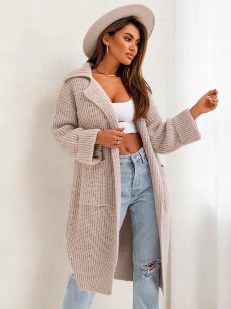 2025 Women's Mid-Length Thickened Lapel Pocket Knit Cardigan Sweater Coat