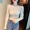 Módní pletené základní tričko s kulatým výstřihem v korejském stylu, dámské univerzální top s bublinkovými rukávy pro podzim a zimu, temperamentní jednobarevné