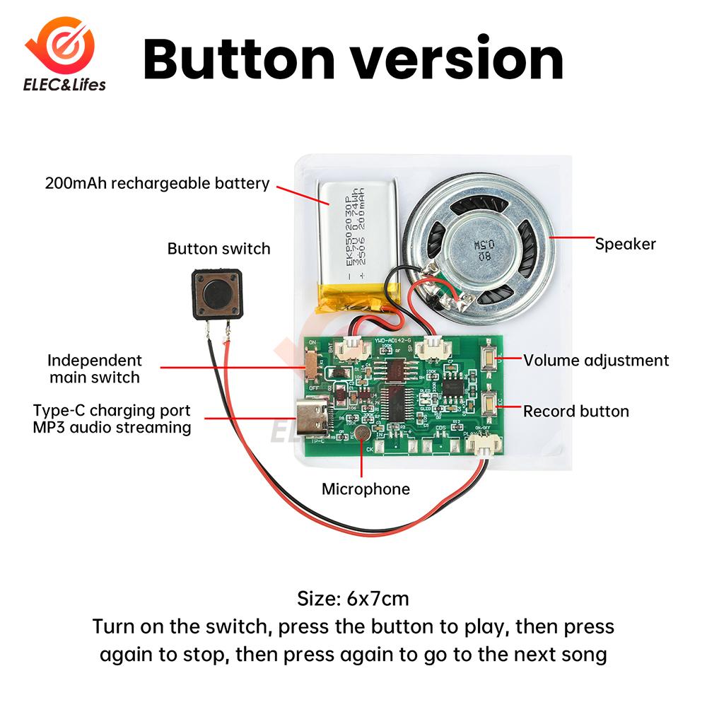 Type C Recordable Sound Module MP1 Button Control Music Voice Player Programmable Board with Speaker for DIY Greeting Card Gift