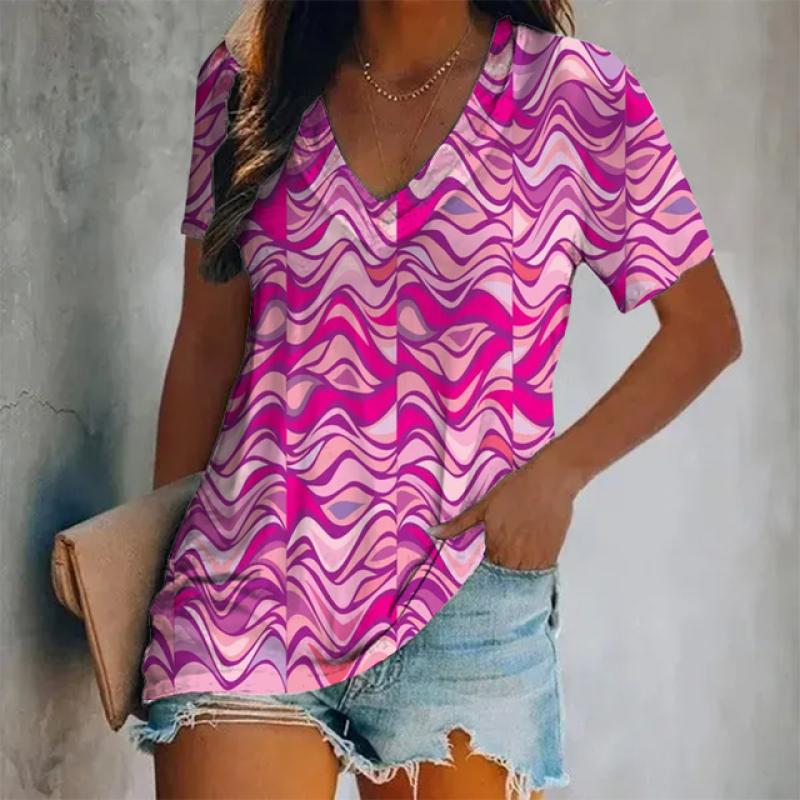 Mode T-shirt d'été décontracté à manches courtes et col en V imprimé ondulations pour femmes, surdimensionné et élégant