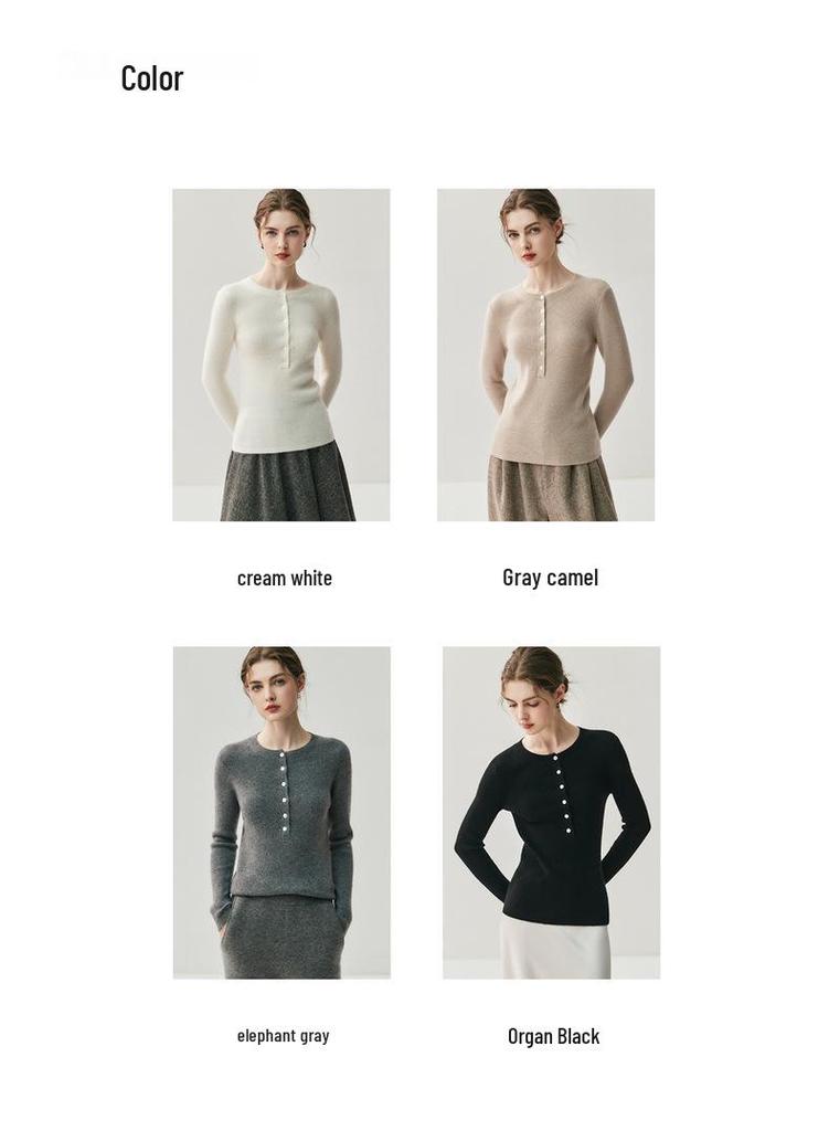 Elegant Autumn/Winter Women's Cashmere Sweater: Round Neck, Half-Button, Long Sleeve Pullover.