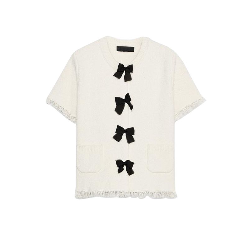 Frayed Edge Knitting High Waist Mini Skirt 9598039 Bowknot Decoration Short Sleeve Elegant Knitting Outwear 9598038