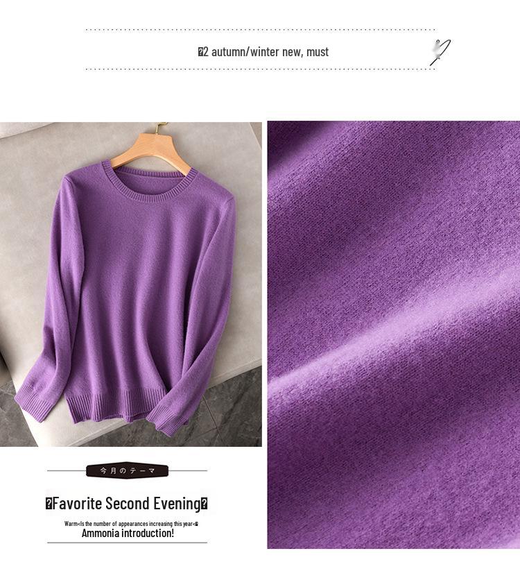 Dámský 100% vlněný pletený svetr s kulatým výstřihem a dlouhým rukávem – Jednobarevný pro podzim a zimu