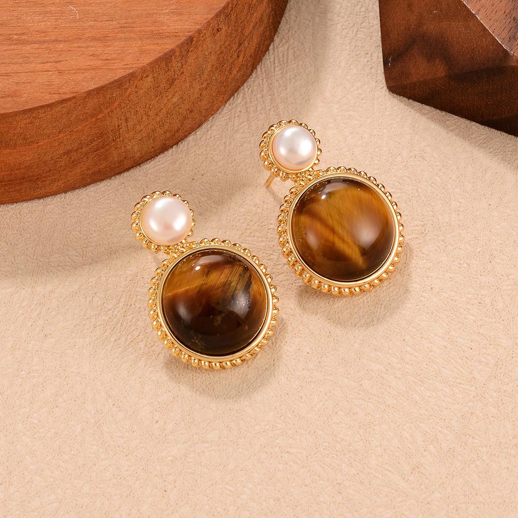 Coffee Earrings New Niche Tiger Eye Series Hong Kong Style Autumn and Winter Earrings Light Luxury Retro Simple Stud Earrings