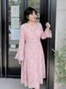 Plus Size Women's Deep V-Neck Lace-Up Dress (130-320 Jin) - Spring Fashion with Hollow Lace Design for fuller figures