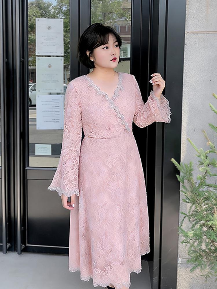 Plus Size Women's Deep V-Neck Lace-Up Dress (130-320 Jin) - Spring Fashion with Hollow Lace Design for fuller figures