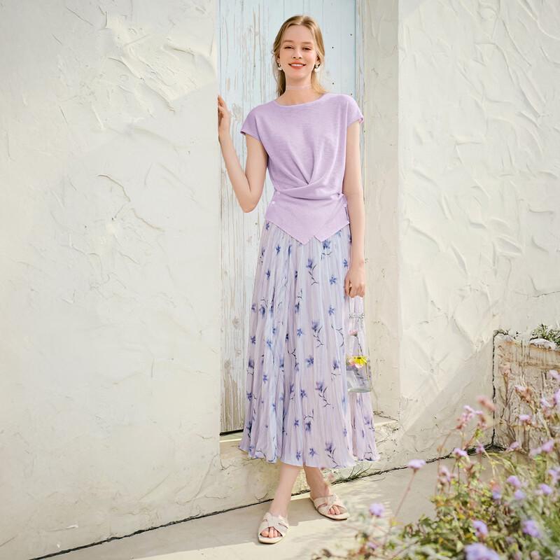 Purple Floral Pleated A-Line Midi Skirt