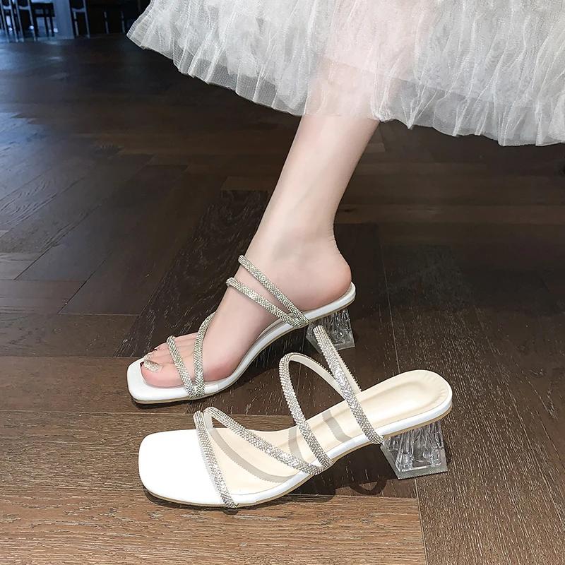 Fashion Crystal Square Slippers Summer New Square Head Open Toe Glitter Line with Anti-slip Wear-resistant Heel Shoes
