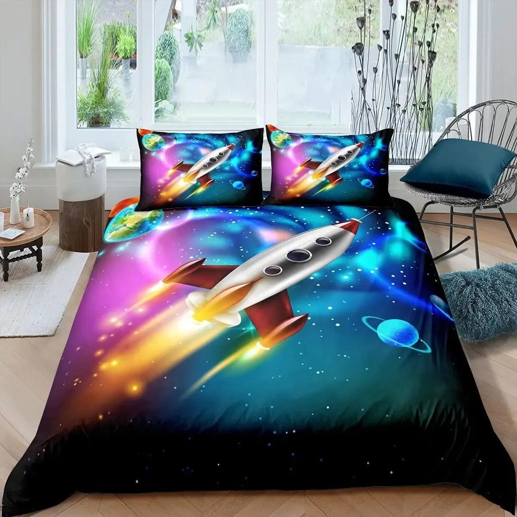 Rocket Duvet Cover Set King Size Spaceship Bedding Set Twin Microfiber Outer Space Galaxy Stars Planet Cartoon Style Quilt Cover