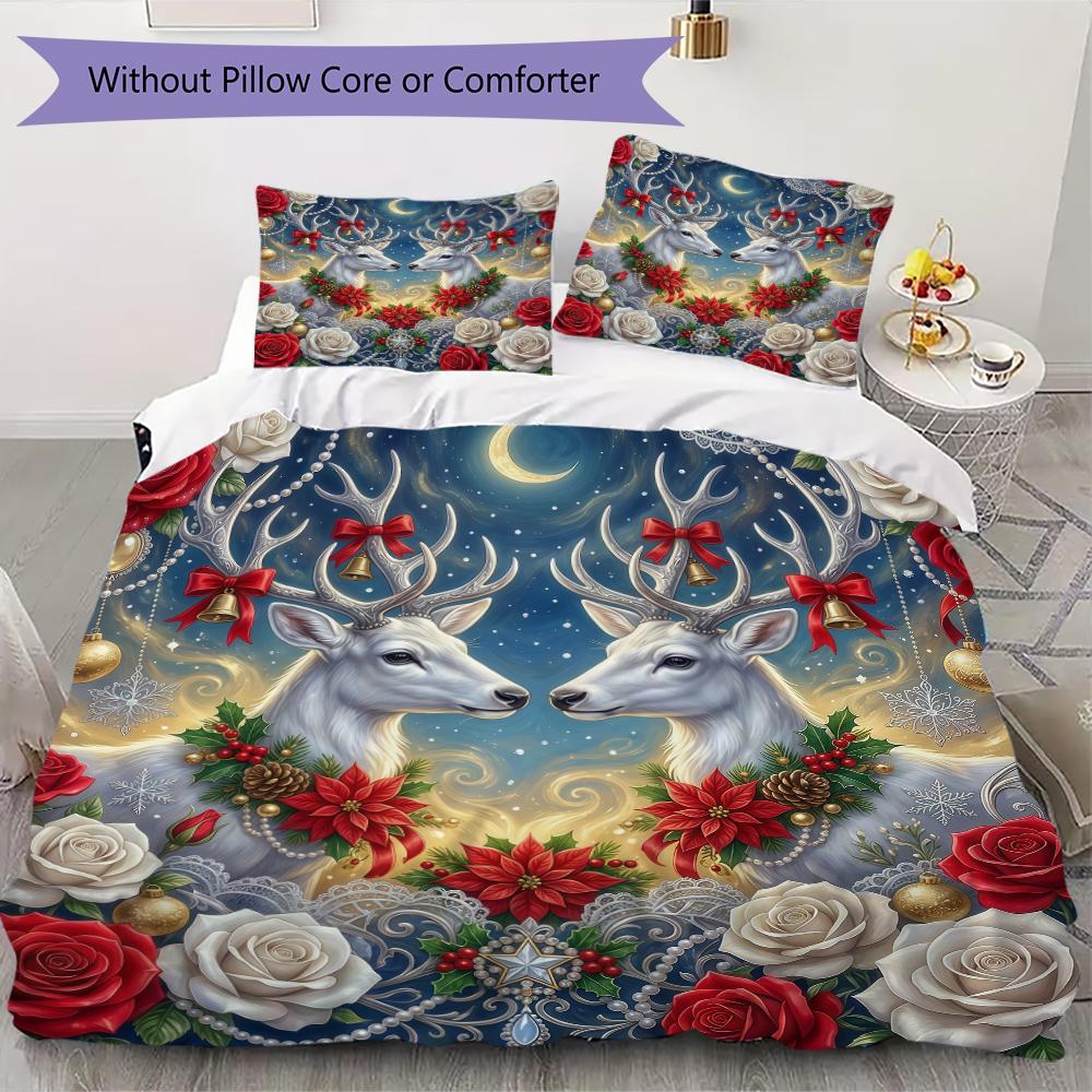 Deer Festive Scene Pattern Bedding Uilt Set Uilt Cover Pillowcase Home Decoration Birthday Gift (1 * Duvet Cover + 2 * Pillowcase Without core)_XIA