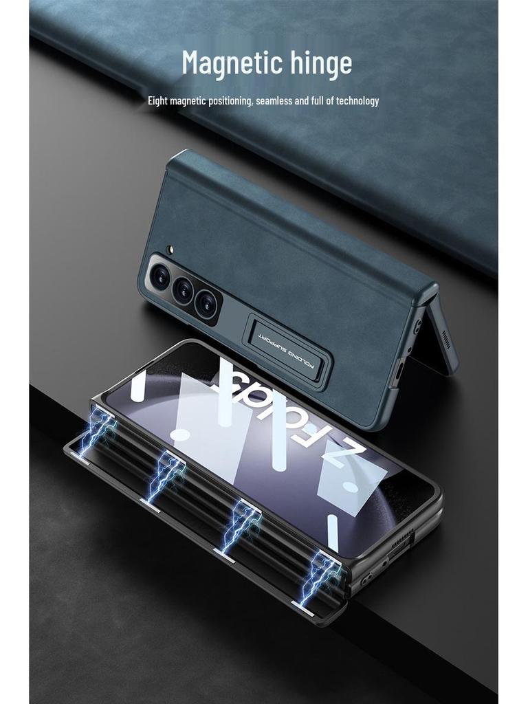 Samsung Z Fold5 Leather Case: Magnetic Hinge, Full Coverage, Stand, Cross-Border Protection