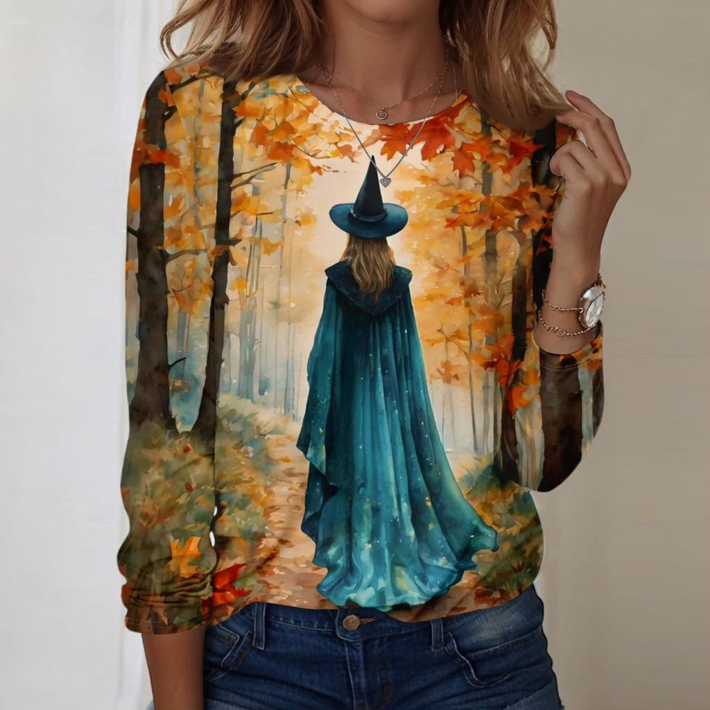 Women's Halloween Print Oversized Long Sleeve Round Neck Top