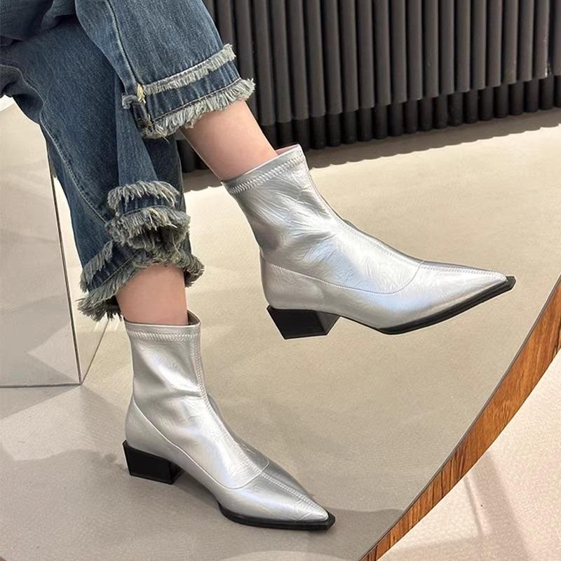 Fashion Pointed Toe Fashion Women's Mid Heels Short Boots Winter New Elegant Heeled Shoes 2025 Designer Chelsea Ankle Boots Dress Pumps