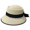 Elegant Delicate Bow Straw Hat Women'S Summer Hepburn Wind Basin Hat Seaside Beach Hat Pearl Chain Bucket Hat