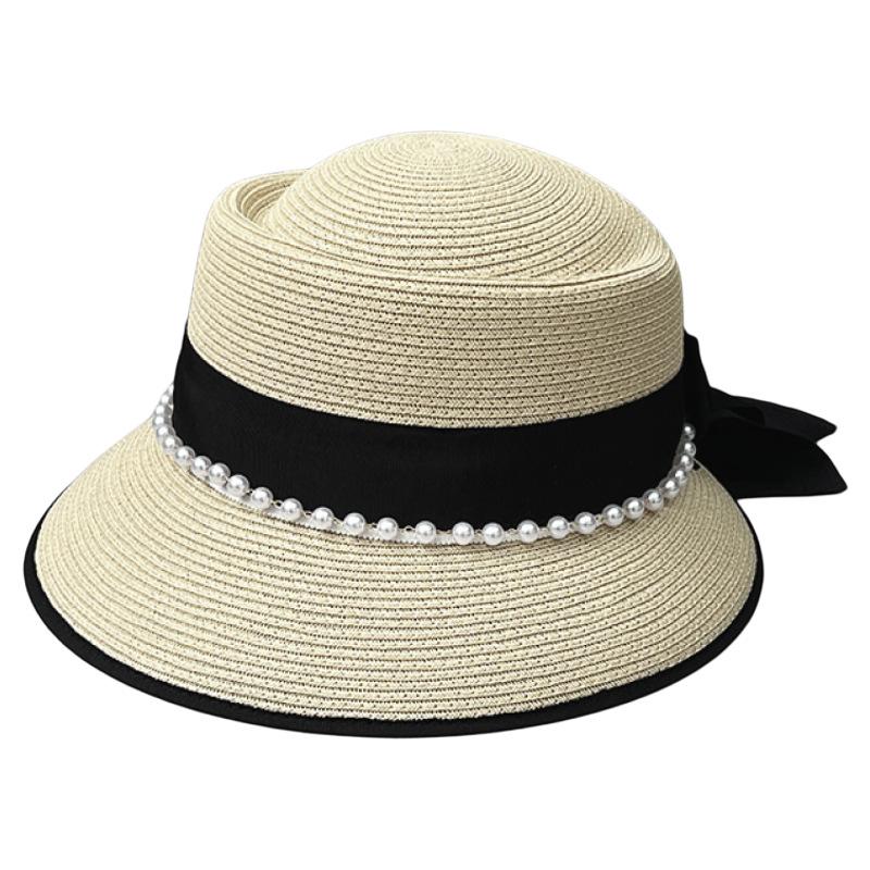 Elegant Delicate Bow Straw Hat Women'S Summer Hepburn Wind Basin Hat Seaside Beach Hat Pearl Chain Bucket Hat