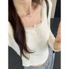 Spring New Chic U-Neck Button Lace Splicing Skinny Long Sleeve T-Shirt Women's Small Sweet and Spicy Short Top