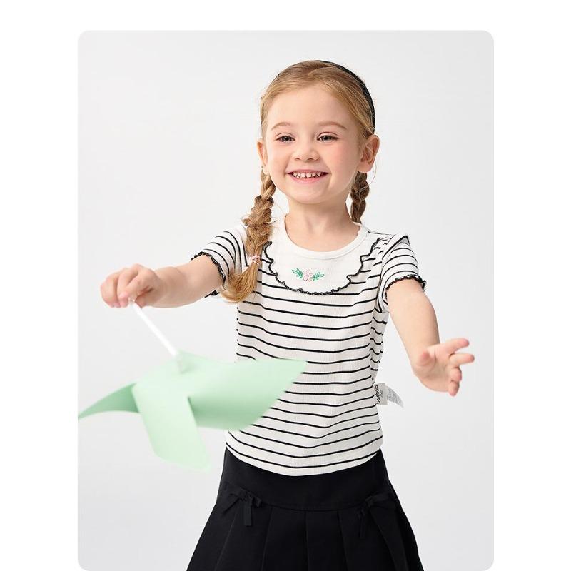 Balabala Children's Clothing Baby Short Sleeved Girls' T-shirt Children's Top New Summer Outfit with Embroidered Shoulder Inside