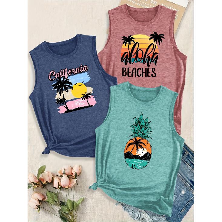Simple summer design with coconut tree and English letter combination print pattern, round neck3Sleeveless vest spring/summer women's top