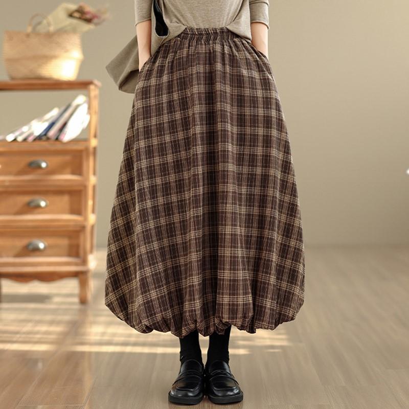 

великий розмір З високою талією вінтажний Клітчастий Весна осінь повсякденний вільний довгий для жінки спідниці жіноча спідниця XL кавовий
