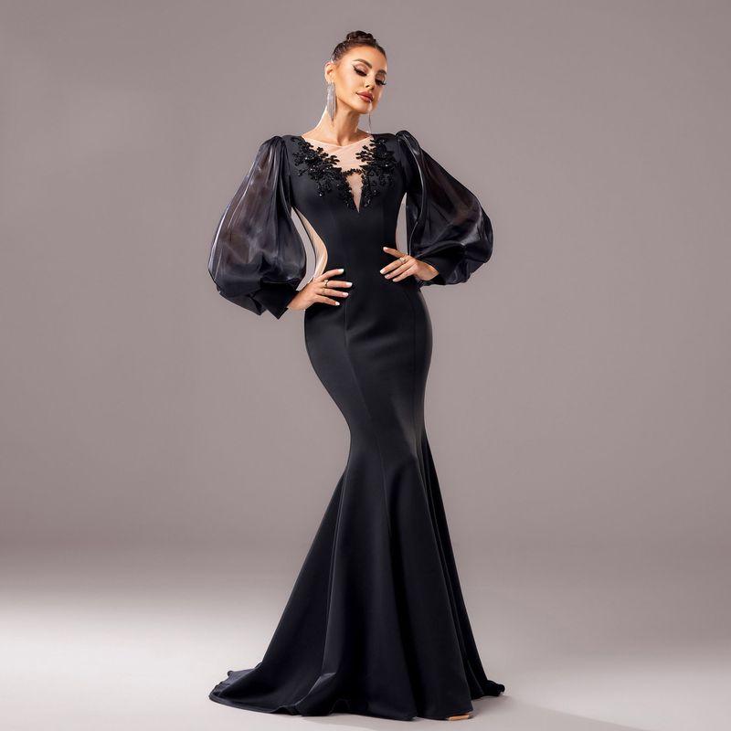 

European and American New Style High-End Long-Sleeved Round-Neck Banquet Appliqué Hip-Hugging Fishtail Evening Dress Bridesmaid Dress for Women Black 8,S