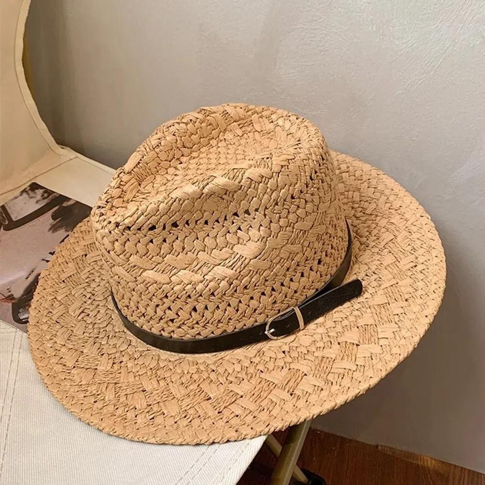 Hollow Hollow Straw Hat Wide Brim Visor Cap Trendy Western Cowboy Hat  Men Women