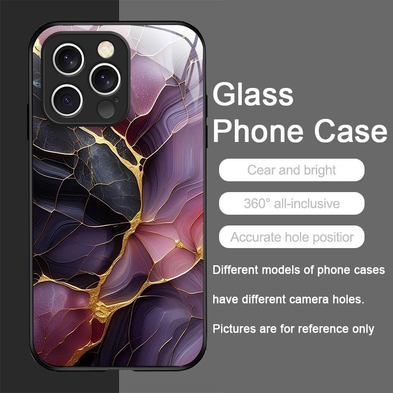 Stylish Purple-Crystal Marble Texture Tempered Glass Phone Case for IPhone 17 16 Pro Max 15 14 13 12 Mini 11 X XS 7 8 Plus Cover