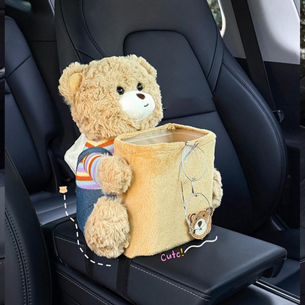 Car Tissue Box And Trash Can 2-in-1 Multifunctional Cute Plush Bear Auto Supplies Truck Trash Can For Home Desk Table Bedside