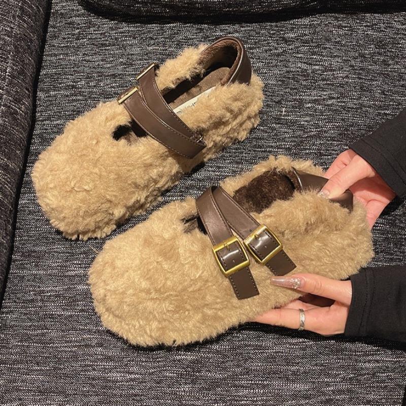 Fashion 2025 Winter Flats Fluffy Shoes for Women Designer Elegant Buckle Shallow Shoes Casual Sport Sneakers New Cozy Zapatillas Mujer