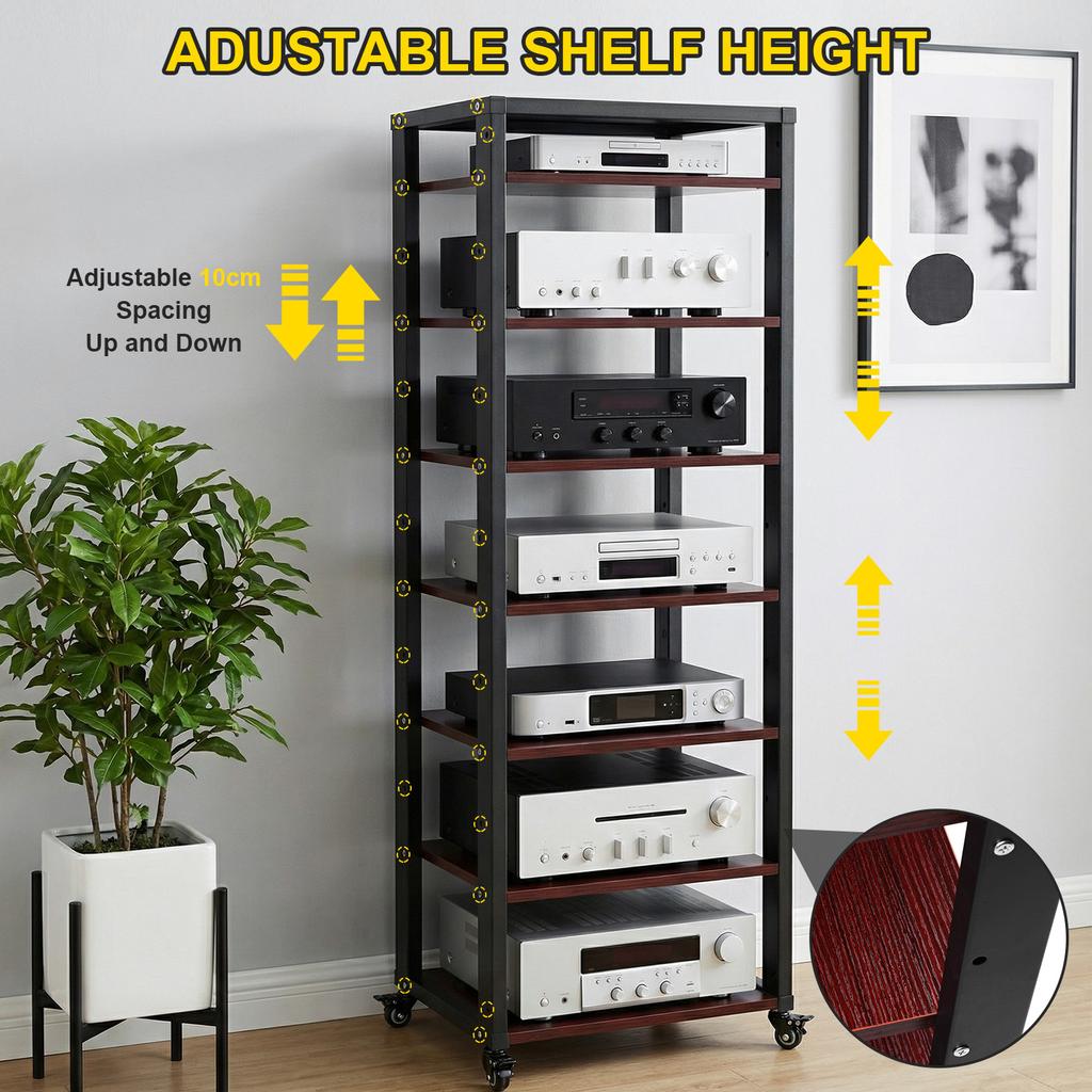 Media Audio Tower Cabinet Height Adjustable Shelves Stereo Cabinet Shelf Rack Tower with Wheels for Living Room Bedroom Office