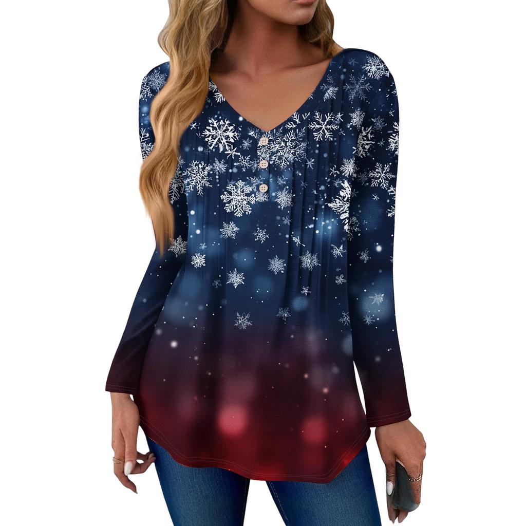 Women's Fashion Casual Christmas Tree Print V-Neck Decorative Button Long Sleeve T-Shirt Top