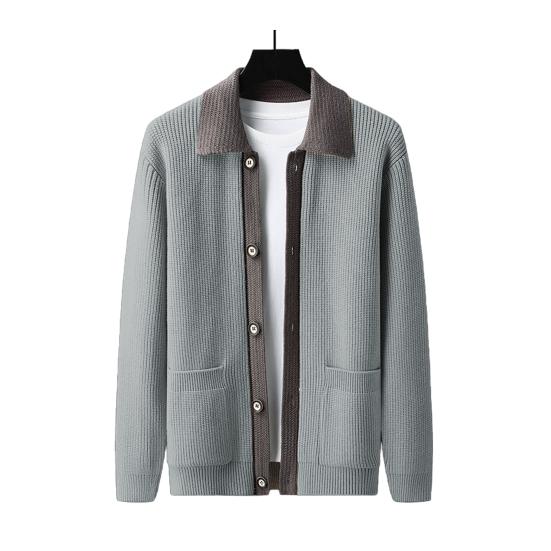 Casaco suéter masculino grosso com botões e fechamento em bloco de cores, gola virada para baixo, malha solta, casaco quente para outono e inverno, cardigan, agasalho