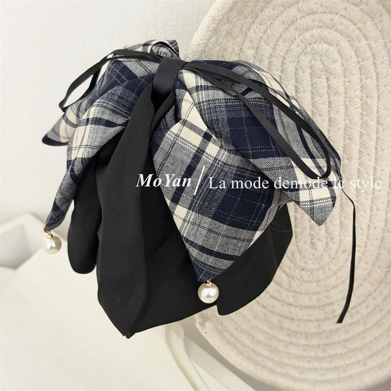 French Check-style Bow Tie Ribbon Hair Clip with A Sophisticated Look, Half-twisted Ponytail with A Hair Bun Clip and Hairpin