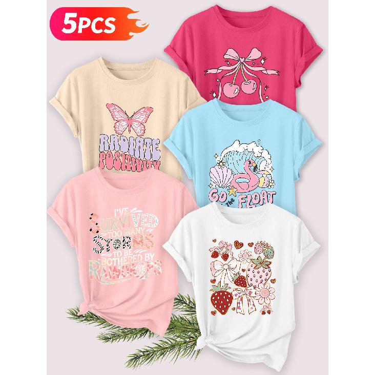 Five-piece set Elegant short-sleeved shirt for women Sunset Coast Print Round Neck Women's Short Sleeve Suitable for Spring and Summer Fashionable