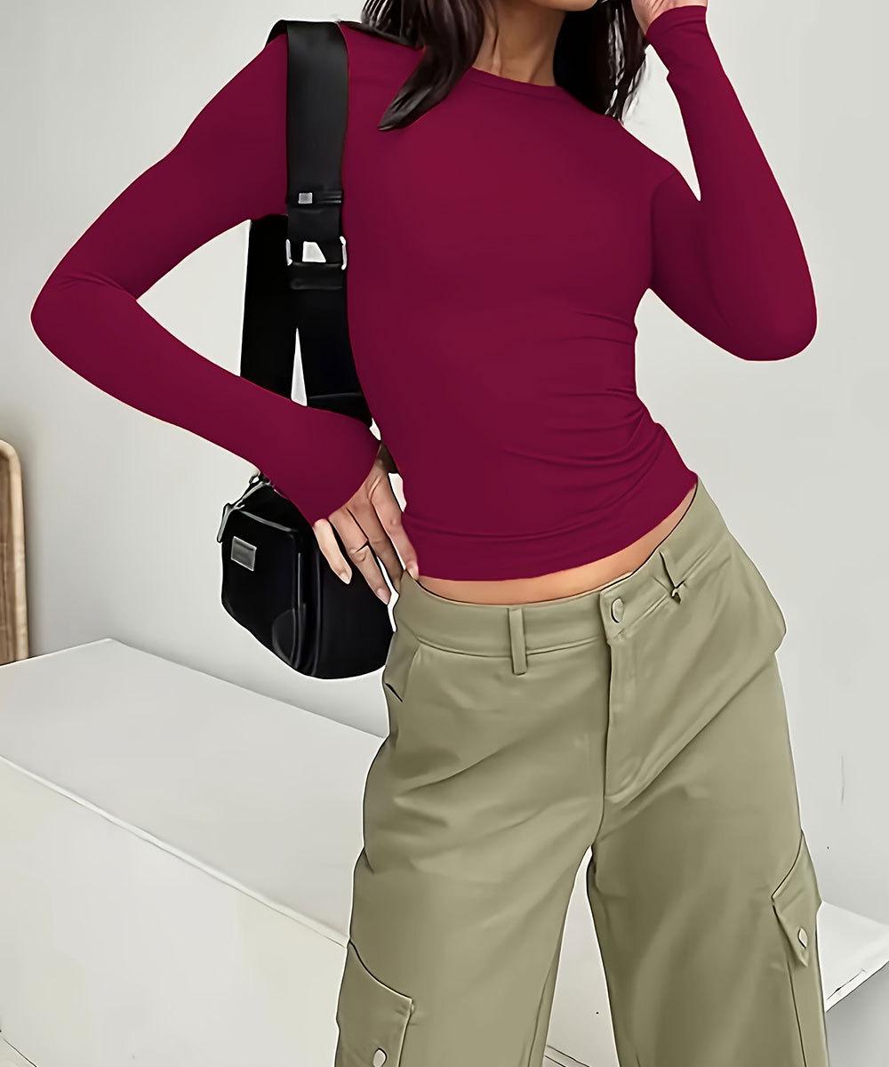 

Европейская/Американская Осенняя Универсальная Однотонная Футболка-Пуловер с Длинным Рукавом Small вино красного