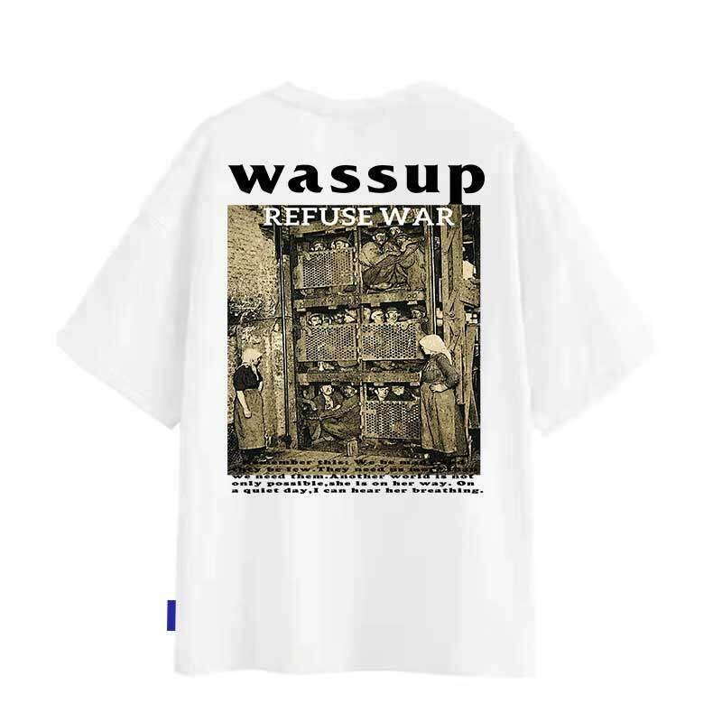 Wassup Heods American Heavy-Duty Vintage Printed Short-Sleeve T-Shirt for Men, National Trend, Pure Cotton, Loose Oversize