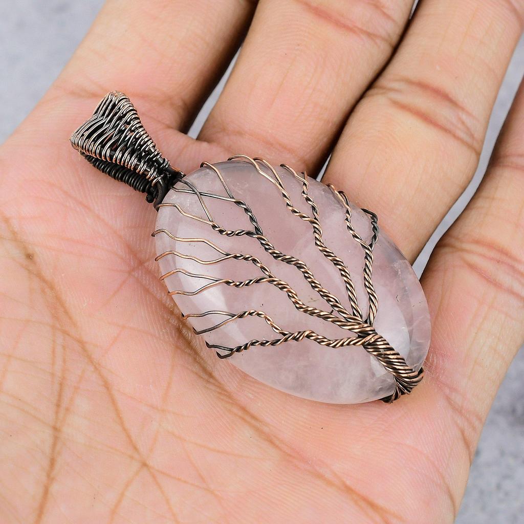 Rose Quartz Jewelry, 999 Copper Wire Wrapped Pendant Handmade Gemstone Jewelry, Gifts For Wife Brand New Pendant