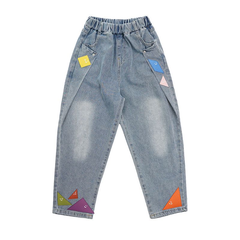 Toothpick Pills and Friends [Unknown Is Interesting] Tangram Denim Pants Stylish Girl Pants Cowboy Blue 130